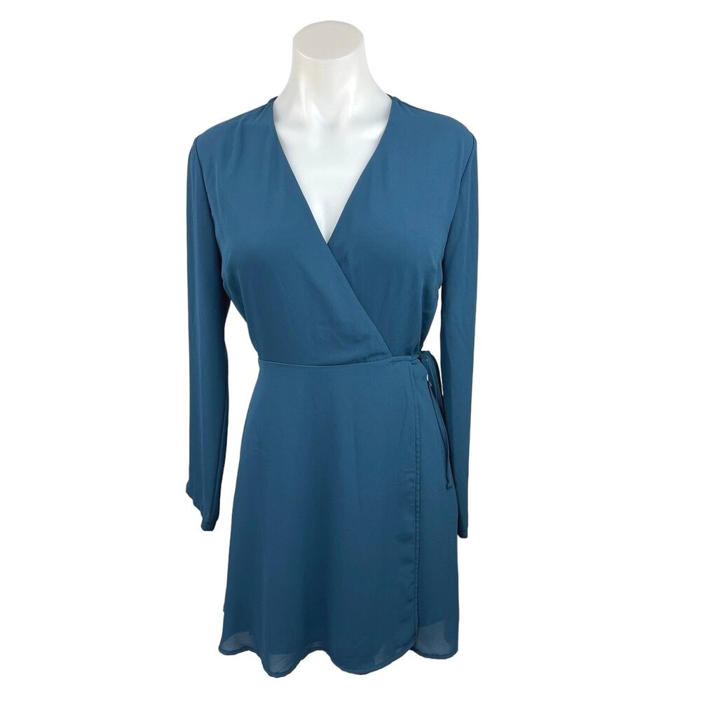 Lush Blue V Neck Long Sleeve Flowy Keyhole Back A Line Mini Dress Size S
